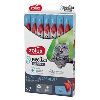 Zolux Sweeties Expert Creamy Stick Tuna soft snack for pets, 7 packs of 14g each, with visible tuna flavor and creamy texture.