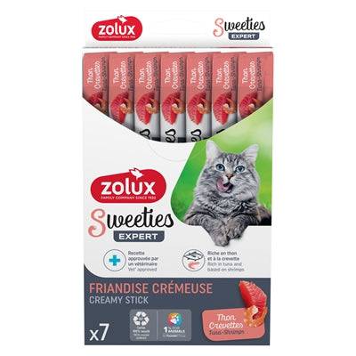 Zolux Sweeties Expert Creamy Stick Tuna and Shrimp soft snacks for pets, 7 x 14g, in a colorful package with creamy texture.