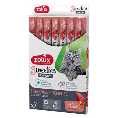 Zolux Sweeties Expert Creamy Stick Tuna and Shrimp soft pet treats in 14g sticks, ideal for dogs or cats.