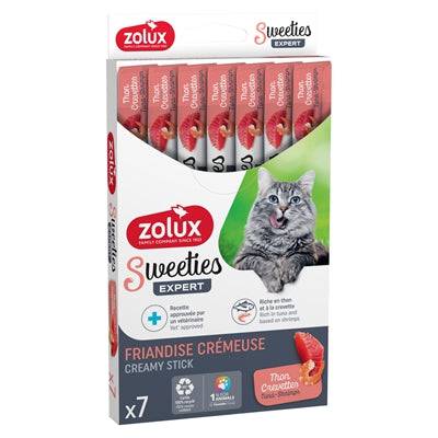 Zolux Sweeties Expert Creamy Stick Tuna and Shrimp soft snacks for pets, 7 packs of 14g each, in colorful packaging.