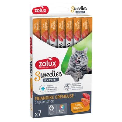 Zolux Sweeties Expert Creamy Stick Tuna and Salmon soft treats for pets, 7 x 14g, in bright packaging with fish flavor images.
