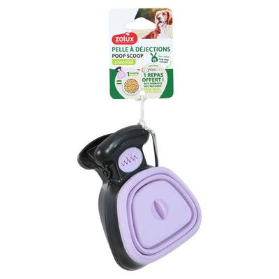 Purple Zolux waste scoop with 15 waste bags for toilet articles, measuring 13.5x10.5x5 cm, ideal for hygienic waste disposal.