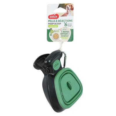Zolux waste scoop with 15 green waste bags, compact size 13.5x10.5x5 cm, for toilet cleaning and waste disposal.